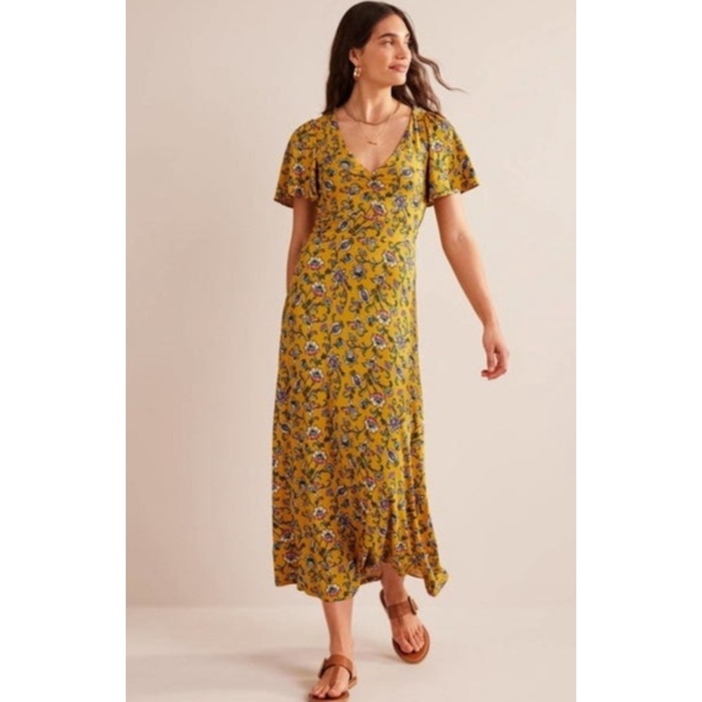 Boden Mustard Yellow Floral Paisley V-Neck Jersey Maxi Dress Short Sleeve 6R